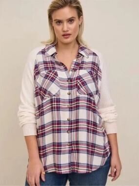 Torrid Brushed Rayon Plaid With Knit Waffle Sleeve Shirt Plus Size 0X